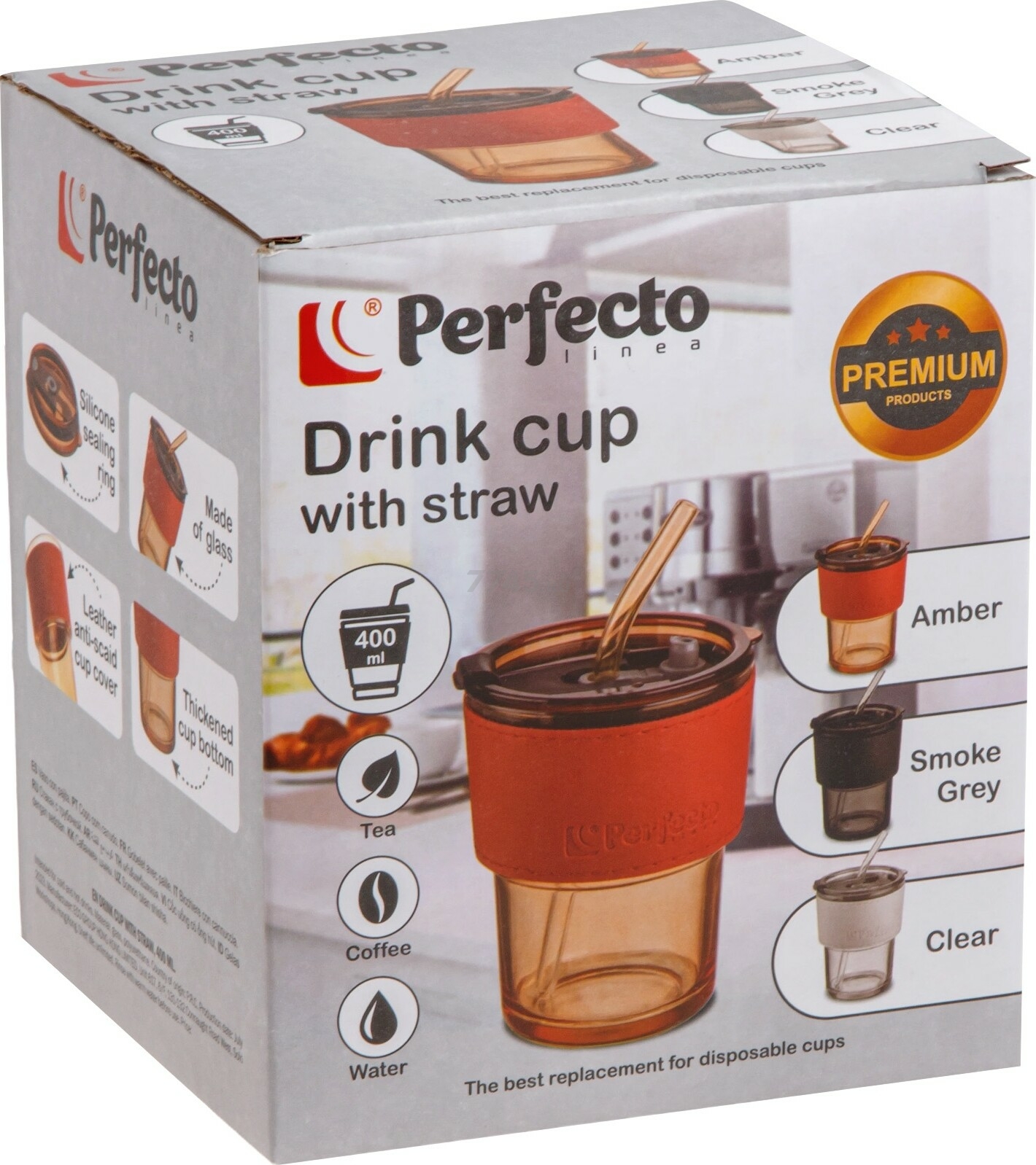 Стакан стеклянный для напитков с трубочкой и капхолдером PERFECTO LINEA Smoke Grey 400 мл (31-400101) - Фото 5