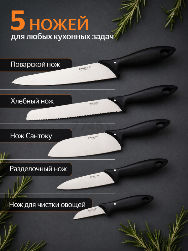 Набор ножей FISKARS Essential 5 штук (1023782) - Фото 2