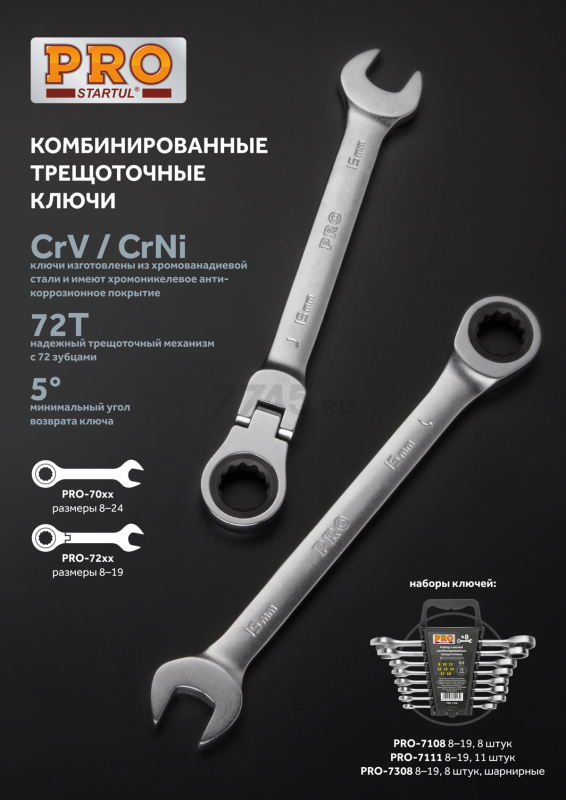 Ключ комбинированный 19 мм с поворотной трещоткой PRO STARTUL (PRO-7219) - Фото 2