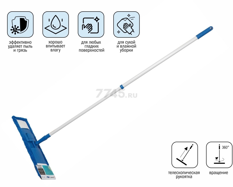 Швабра для пола PERFECTO LINEA с насадкой из микрофибры синяя (43-392012) - Фото 11