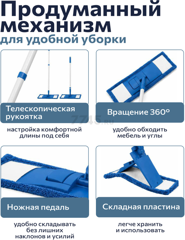 Швабра для пола PERFECTO LINEA с насадкой из микрофибры синяя (43-392012) - Фото 3