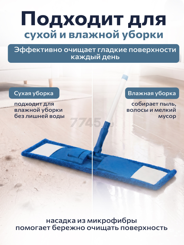 Швабра для пола PERFECTO LINEA с насадкой из микрофибры синяя (43-392012) - Фото 4