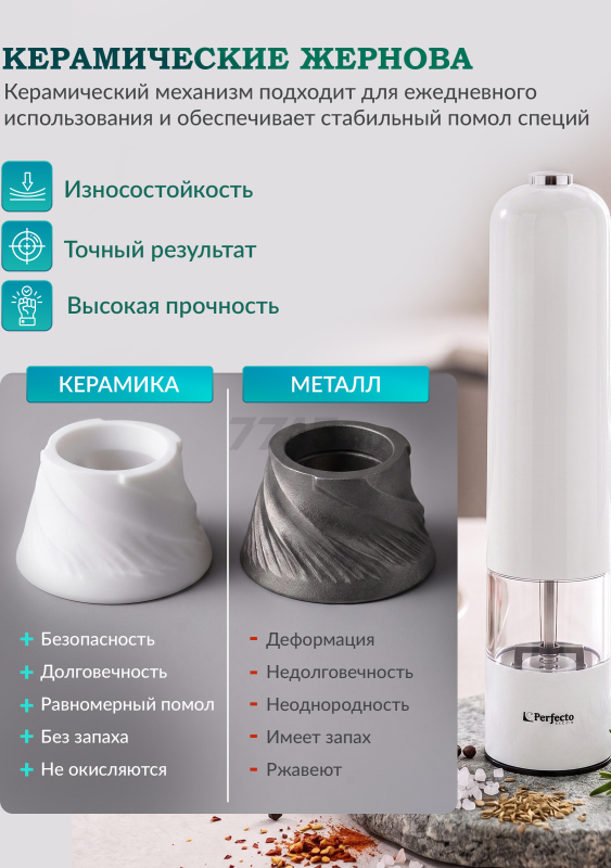 Мельница для специй электрическая PERFECTO LINEA Starcook белая (39-522231) - Фото 5