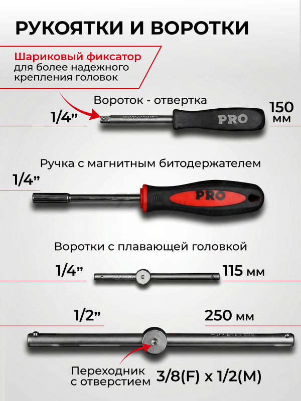 Набор инструментов 1/4", 1/2", 3/8" 6 граней 216 предметов PRO STARTUL Stuttgart (PRO-216S) - Фото 5