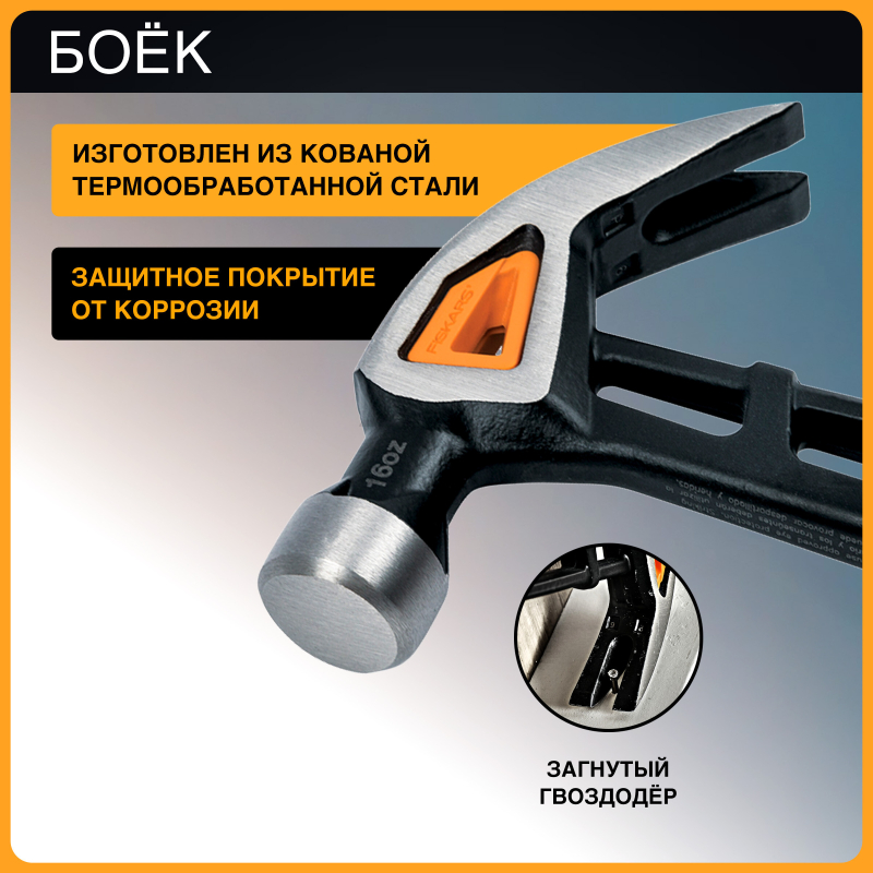 Молоток-гвоздодер 0,455 кг FISKARS M (1027202) - Фото 3