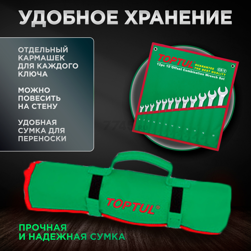 Набор ключей комбинированных 6-22 мм 12 предметов TOPTUL (GAAA1213) - Фото 4