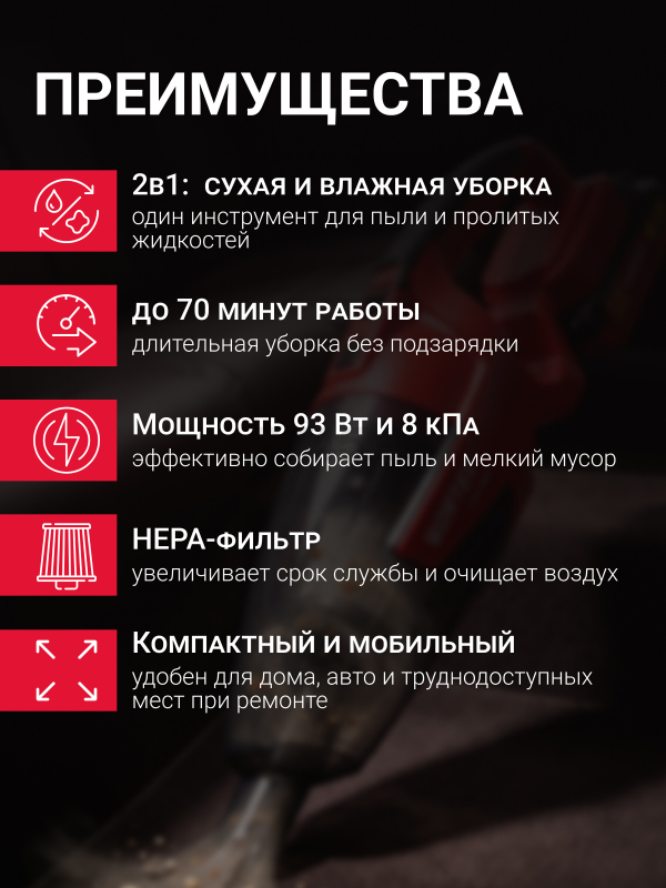 Пылесос автомобильный аккумуляторный WORTEX CVC 1860 ALL1 (1325404) - Фото 6