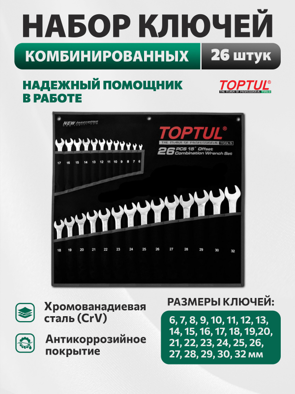Набор ключей комбинированных 6-32 мм 26 предметов TOPTUL (GPAB2602)