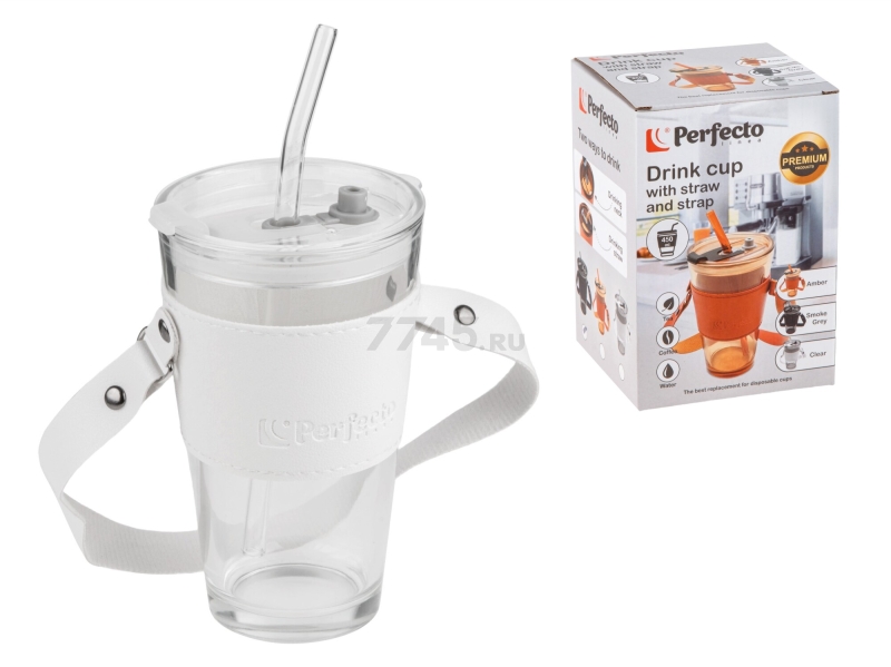 Стакан стеклянный для напитков с трубочкой, капхолдером и ремешком PERFECTO LINEA Clear 450 мл (31-450301) - Фото 7