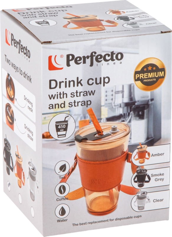 Стакан стеклянный для напитков с трубочкой, капхолдером и ремешком PERFECTO LINEA Clear 450 мл (31-450301) - Фото 8