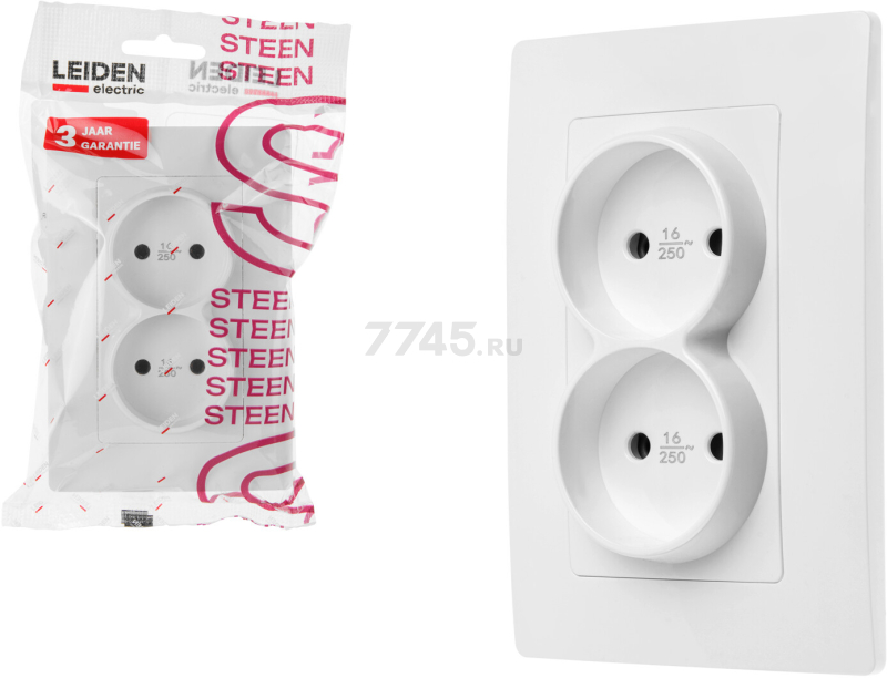 Розетка двойная скрытая без заземления LEIDEN ELECTRIC Steen белая (806037) - Фото 2