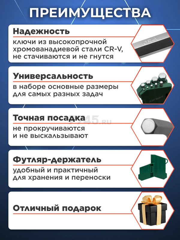 Набор ключей шестигранных 1,5-10 мм 9 предметов коротких ВОЛАТ (11015-09) - Фото 2