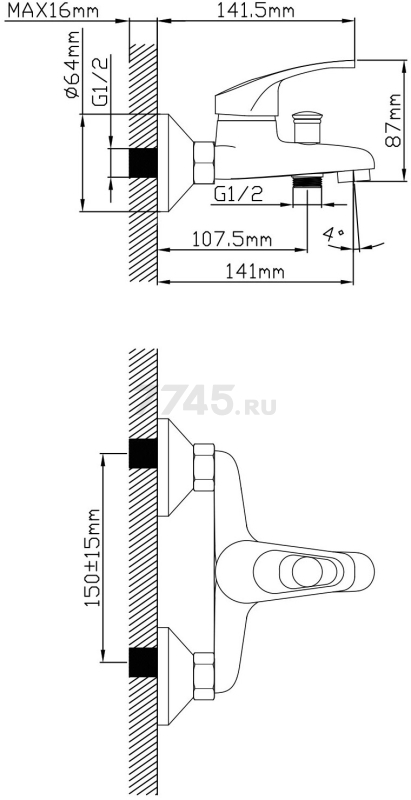 Смеситель для ванны AV ENGINEERING Urs (AVURS3-A120-330) - Фото 14