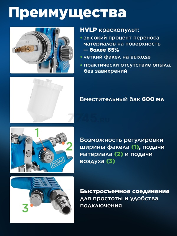 Краскопульт пневматический DGM Air Gun 800 (DG4016-3) - Фото 2