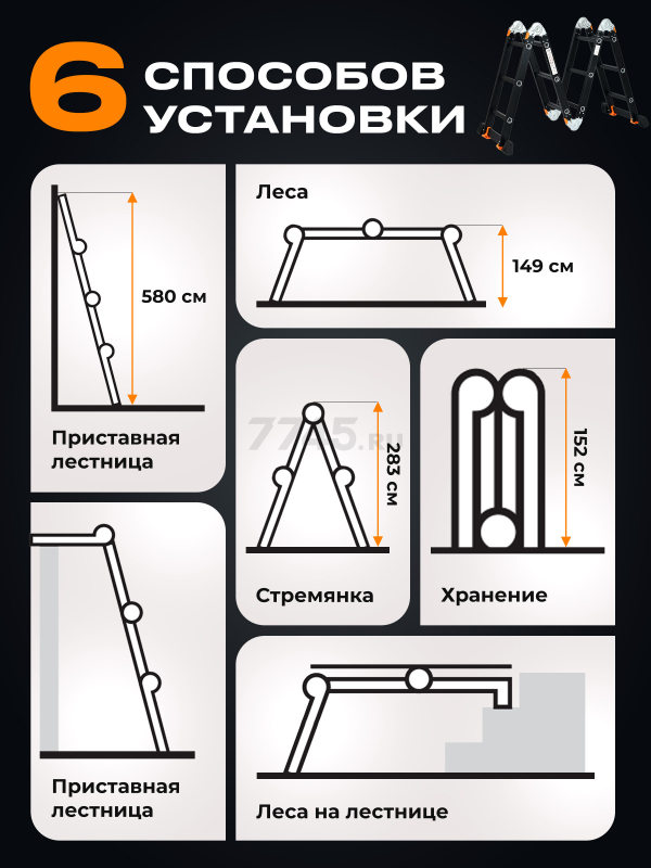 Лестница-трансформер алюминиевая 580 см STARTUL Black Line (ST9930-05) - Фото 2