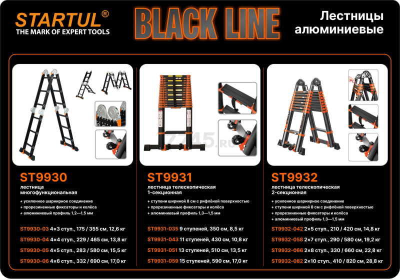 Лестница телескопическая алюминиевая приставная 350 см 8,5 кг STARTUL Black Line (ST9931-035) - Фото 12