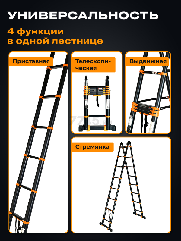 Лестница телескопическая алюминиевая двухсекционная 820 см 28,8 кг STARTUL Black Line (ST9932-082) - Фото 5