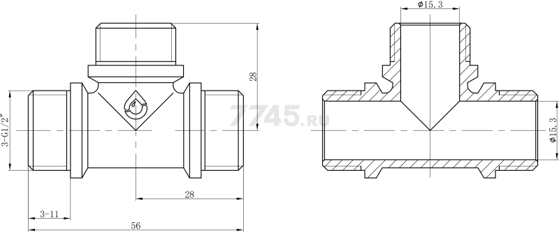 Тройник латунный 1/2" с наружной резьбой с ограничителем AV ENGINEERING (AVE306011) - Фото 2