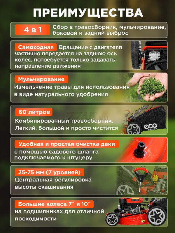 Газонокосилка бензиновая самоходная ECO LG-645 E (EC2014-6) - Фото 2