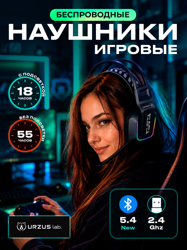 Наушники-гарнитура игровые беспроводные URZUS Black Cloud Wireless UR-5524123