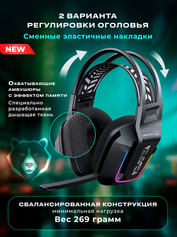 Наушники-гарнитура игровые беспроводные URZUS Black Cloud Wireless UR-5524123 - Фото 3