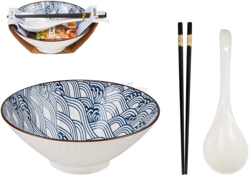 Тарелка керамическая с ложкой и палочками для еды PERFECTO LINEA Ramen wave 17-950001 - Фото 4