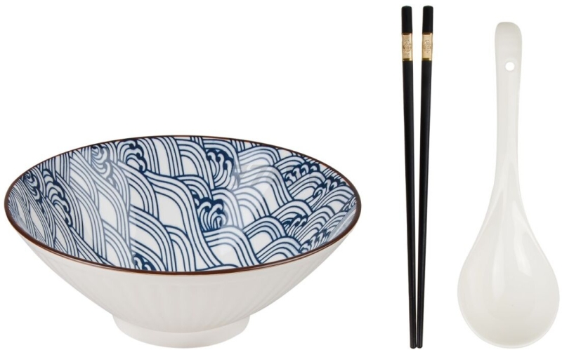 Тарелка керамическая с ложкой и палочками для еды PERFECTO LINEA Ramen wave 17-950001