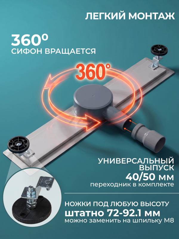 Трап с горизонтальным отводом D 40 с сухим затвором решетка нержавеющая сталь 70х600 мм AV Engineering (AVE5027060) - Фото 5