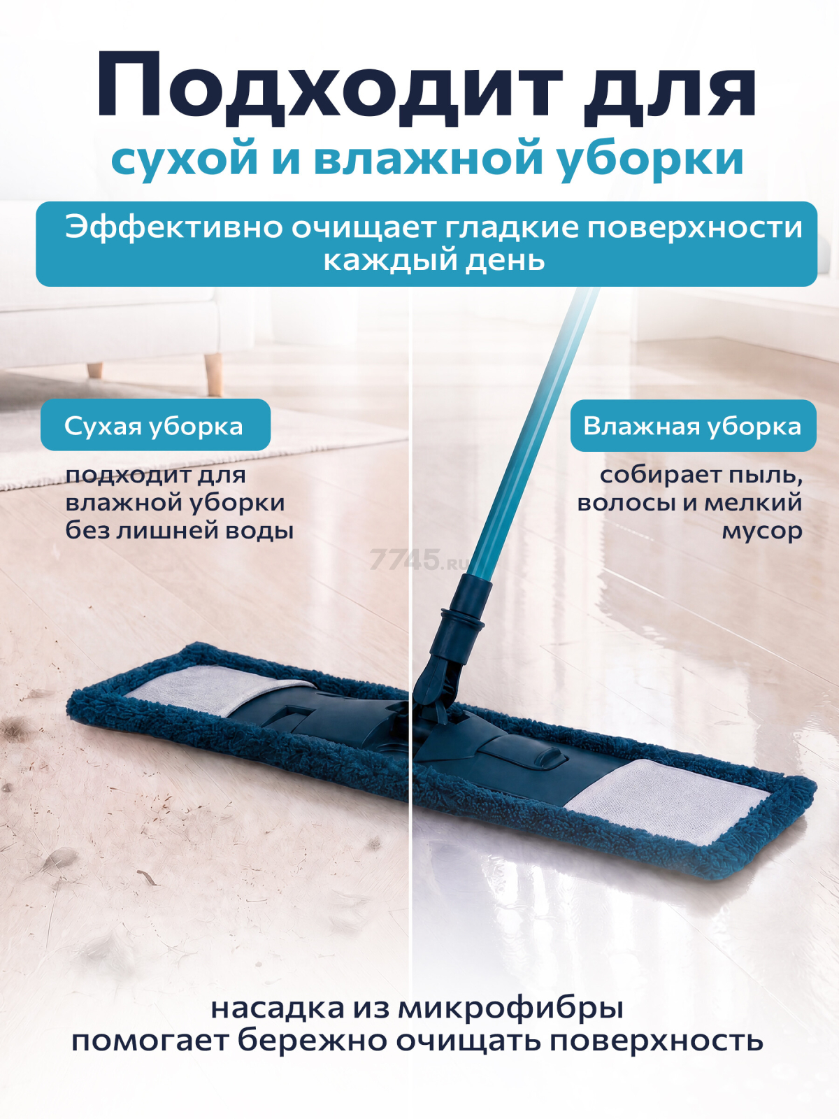 Швабра для пола PERFECTO LINEA Румба с насадкой из микрофибры синяя (43-391011) - Фото 4