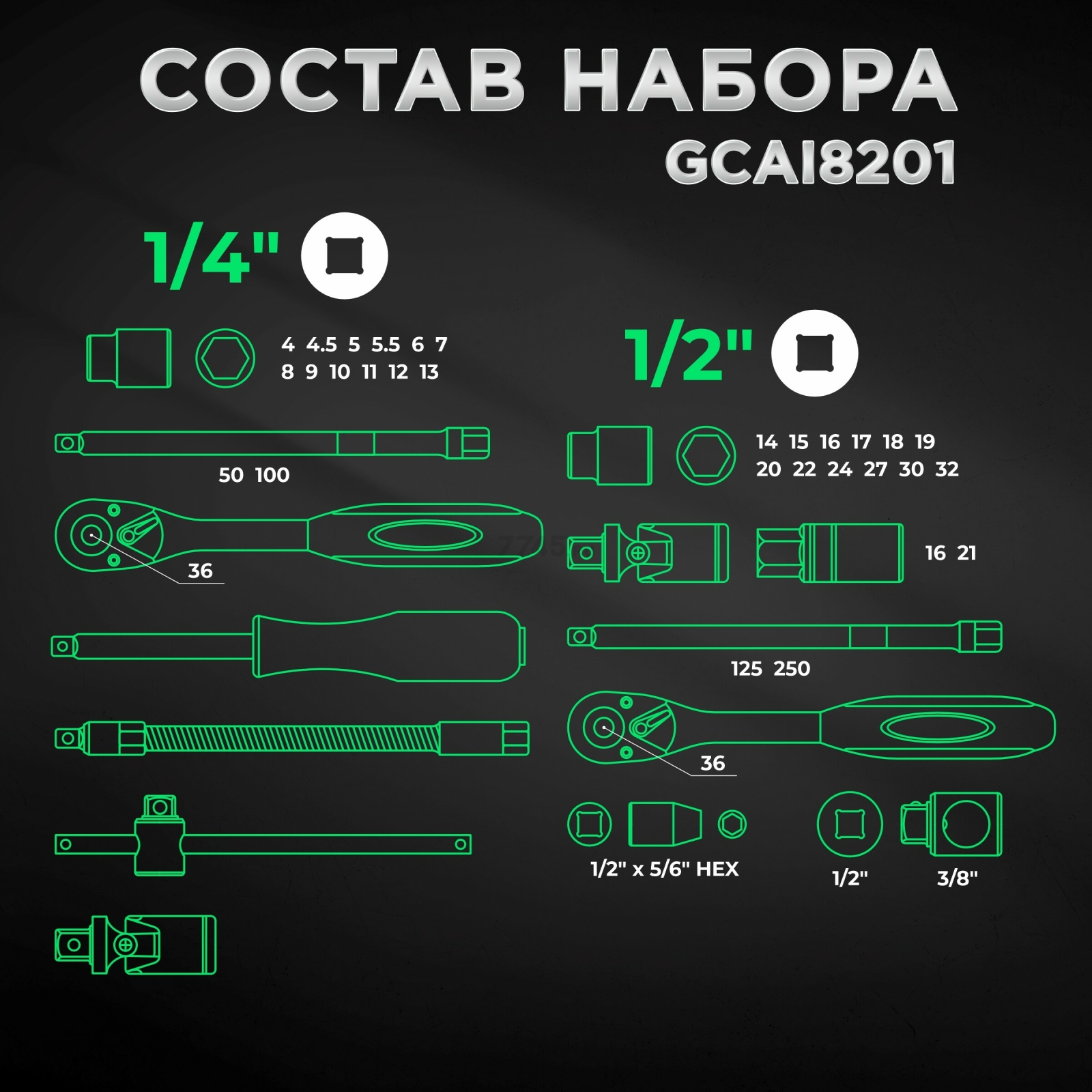 Набор инструментов 1/4", 1/2" 6 граней 82 предмета TOPTUL (GCAI8201) - Фото 3