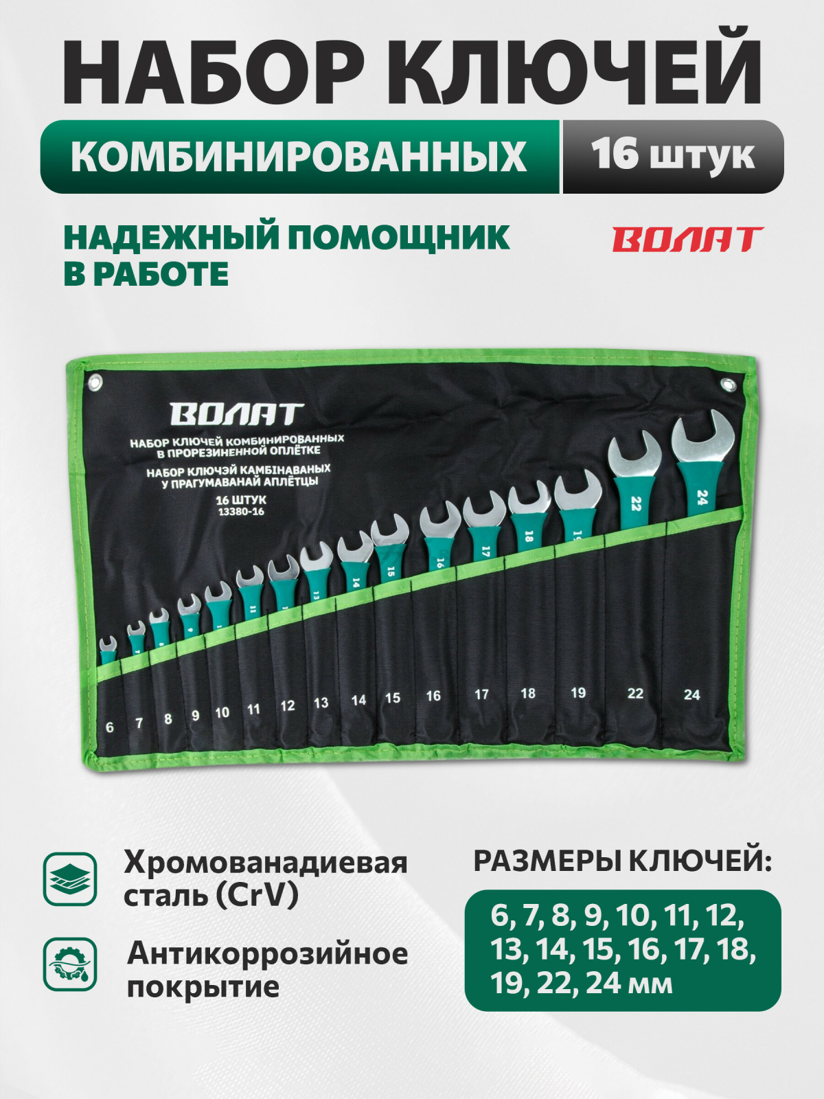 Набор ключей комбинированных 6-24 мм 16 штук ВОЛАТ (13380-16)