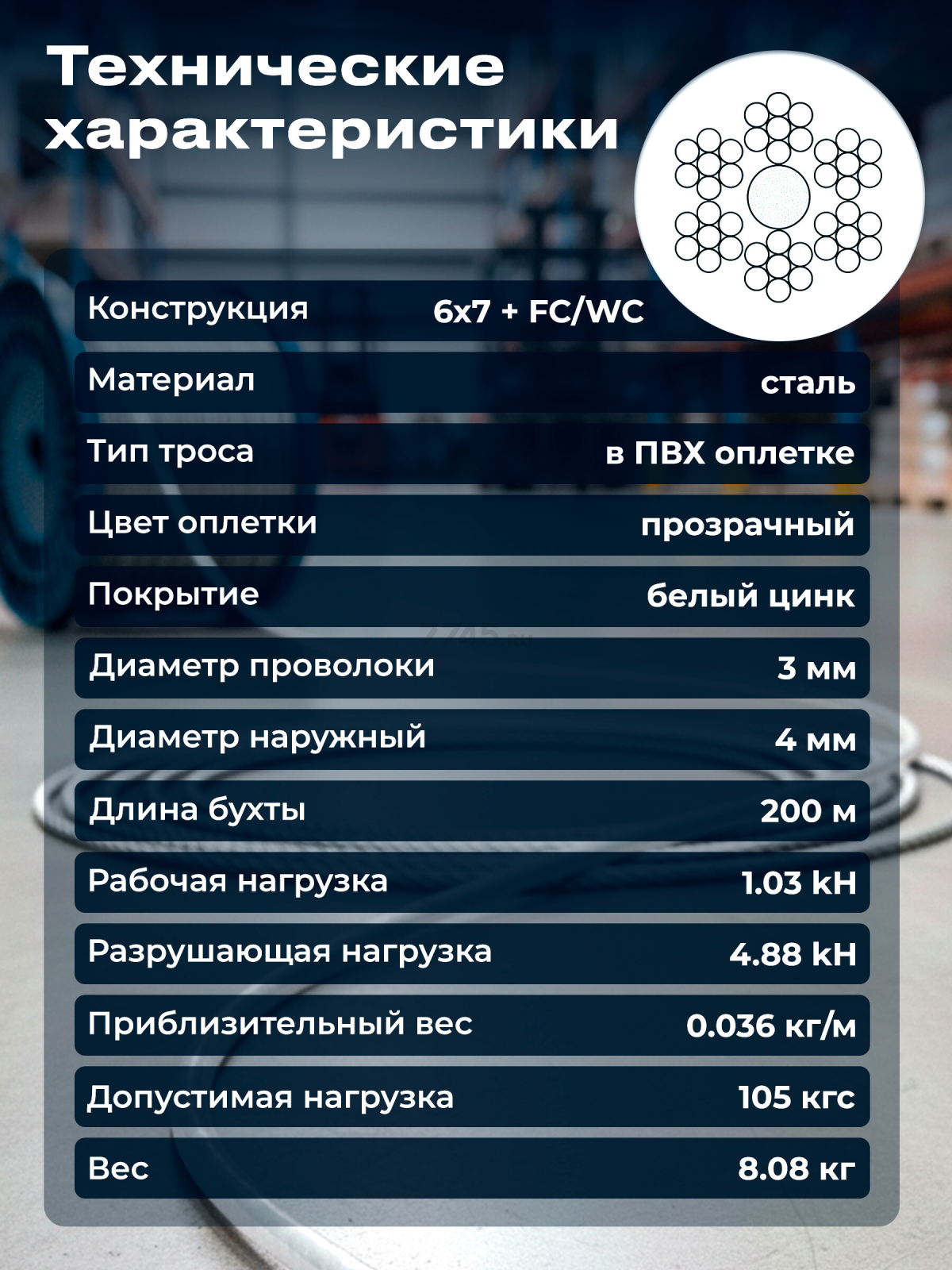 Трос стальной в ПВХ SWR М3 PVC М4 DIN 3055 STARFIX бухта 200 м (SMP-53714-200) - Фото 2