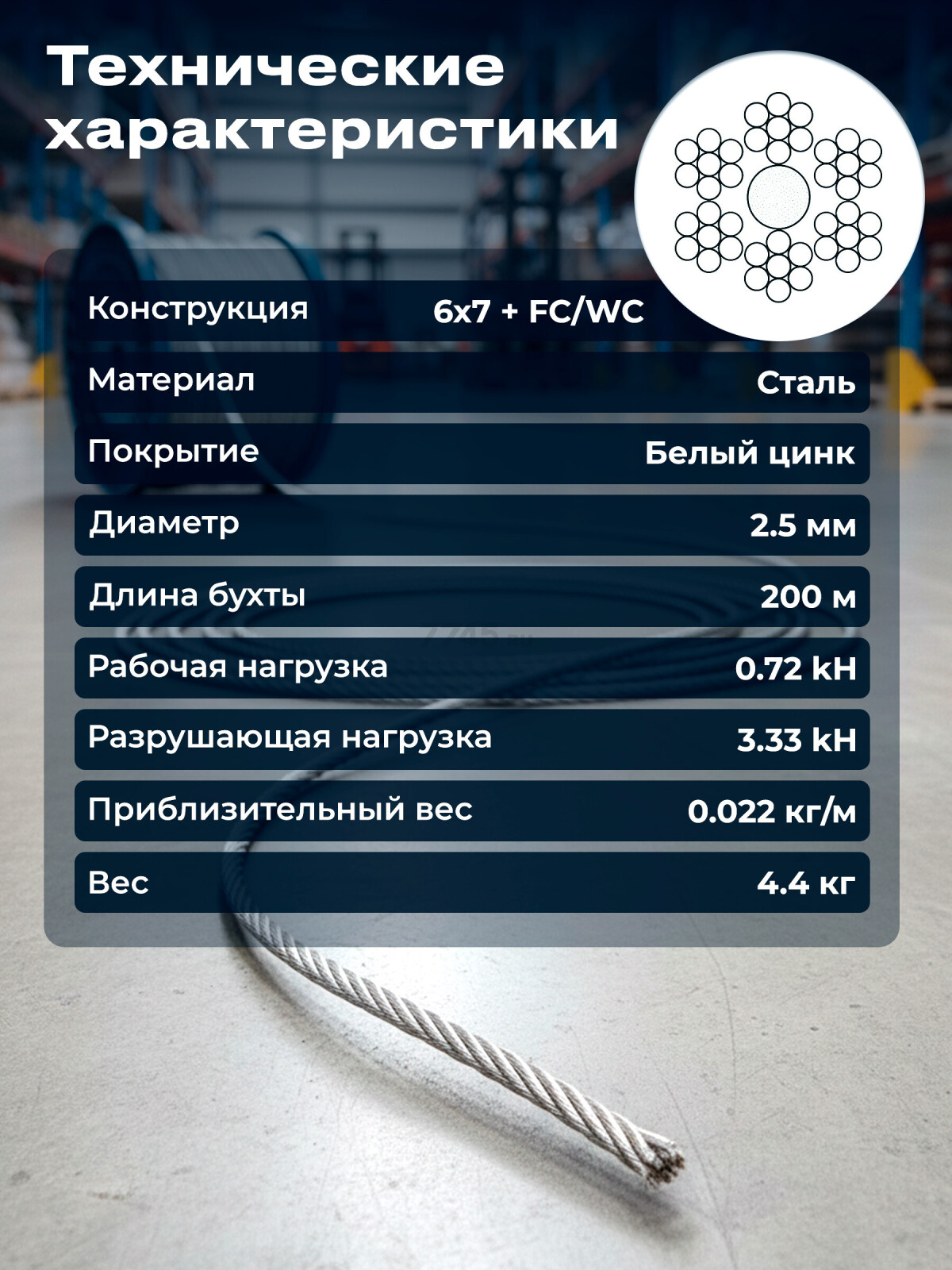 Трос стальной М2.5 DIN 3055 STARFIX 200 м (SMP-53695-200) - Фото 2