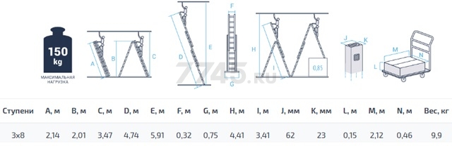 Лестница алюминиевая трехсекционная 474 см STARTUL Pro (ST9944-08) - Фото 2