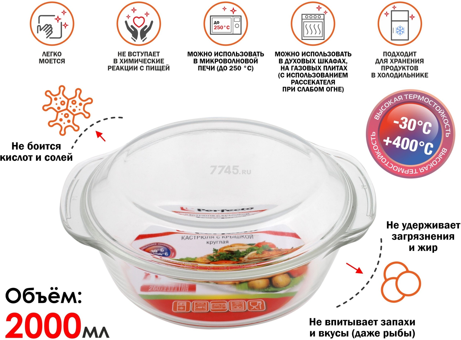 Кастрюля из жаропрочного стекла с крышкой PERFECTO LINEA 2,0 л (11-200010) - Фото 7