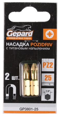 Бита для шуруповерта магнитная с титановым напылением PZ2 25 мм GEPARD 2 штуки (GP3801-25) - Фото 2
