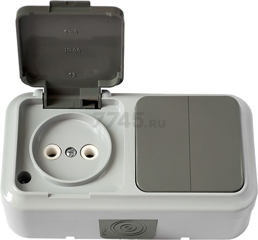 Выключатель двойной с розеткой наружный BYLECTRICA Пралеска Аква серый 2В-РЦ-655(03)