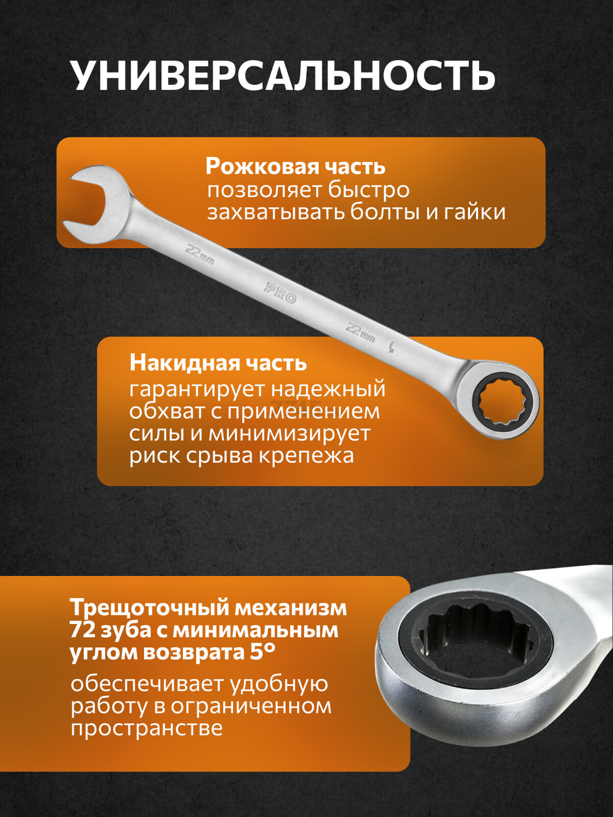 Ключ комбинированный 22 мм с трещоткой PRO STARTUL (PRO-7022) - Фото 3