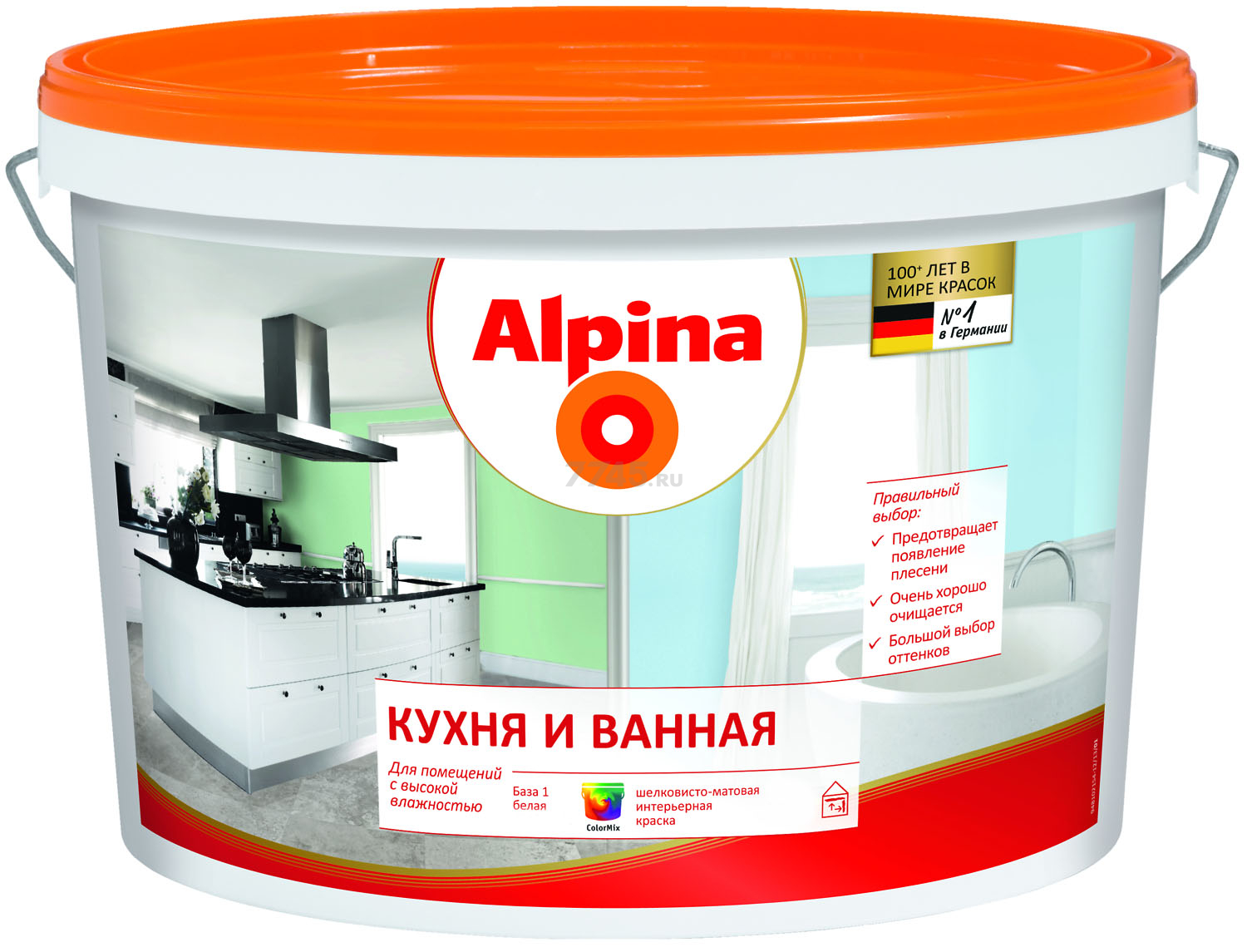 Краска виниловая ALPINA Кухня и ванная белая База 1 5 л (948102089)