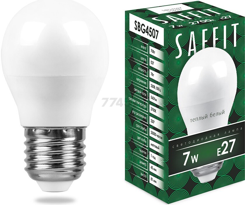 Лампа светодиодная E27 SAFFIT SBG4507 G45 7 Вт 2700К (55036)