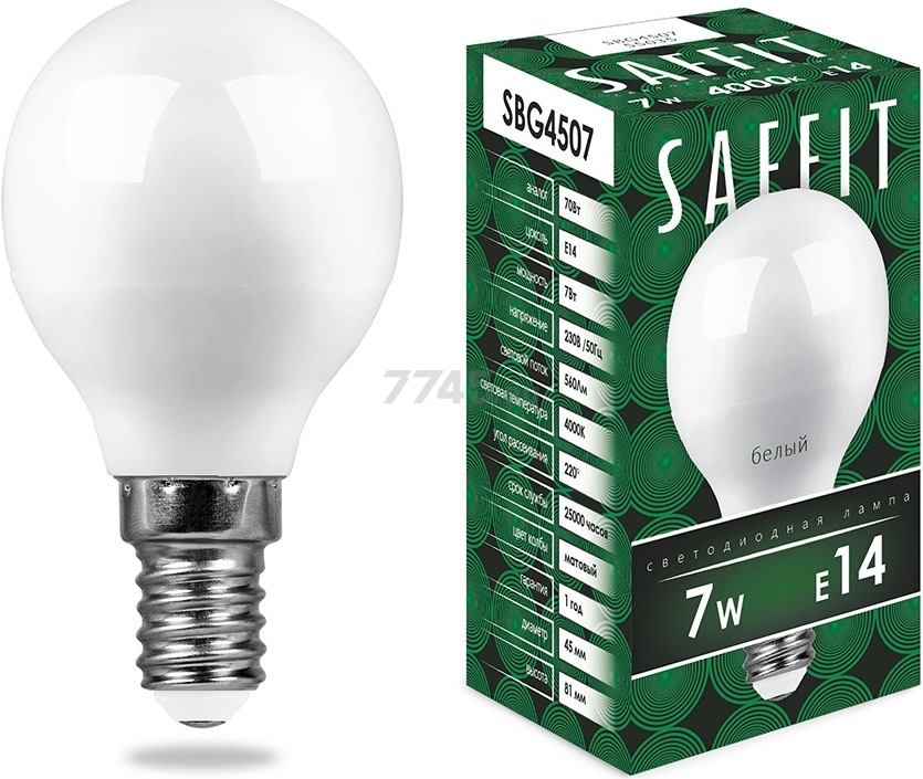 Лампа светодиодная E14 SAFFIT SBG4507 G45 7 Вт 4000К (55035)