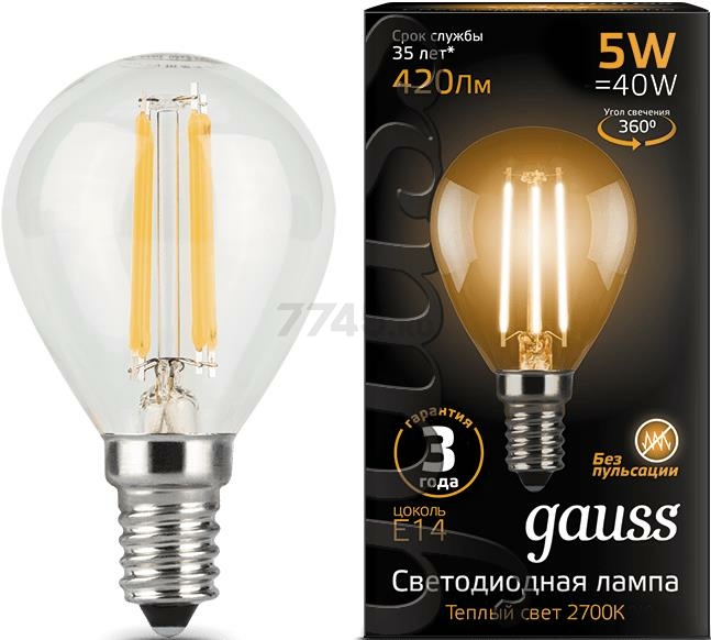 Лампа светодиодная филаментная E14 GAUSS Filament G45 5 Вт 2700K (105801105)
