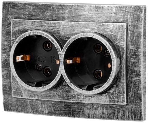 Розетка двойная скрытая с заземлением ЮПИТЕР Стандарт серебро (JP7424-03)