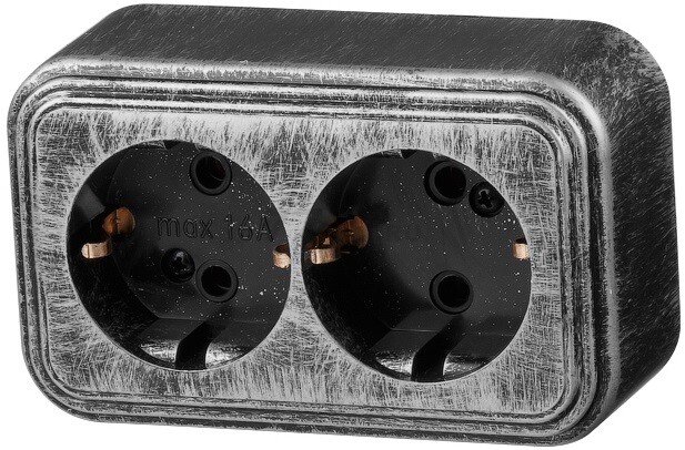 Розетка двойная наружная с заземлением ЮПИТЕР Стандарт серебро (JP7431-07)