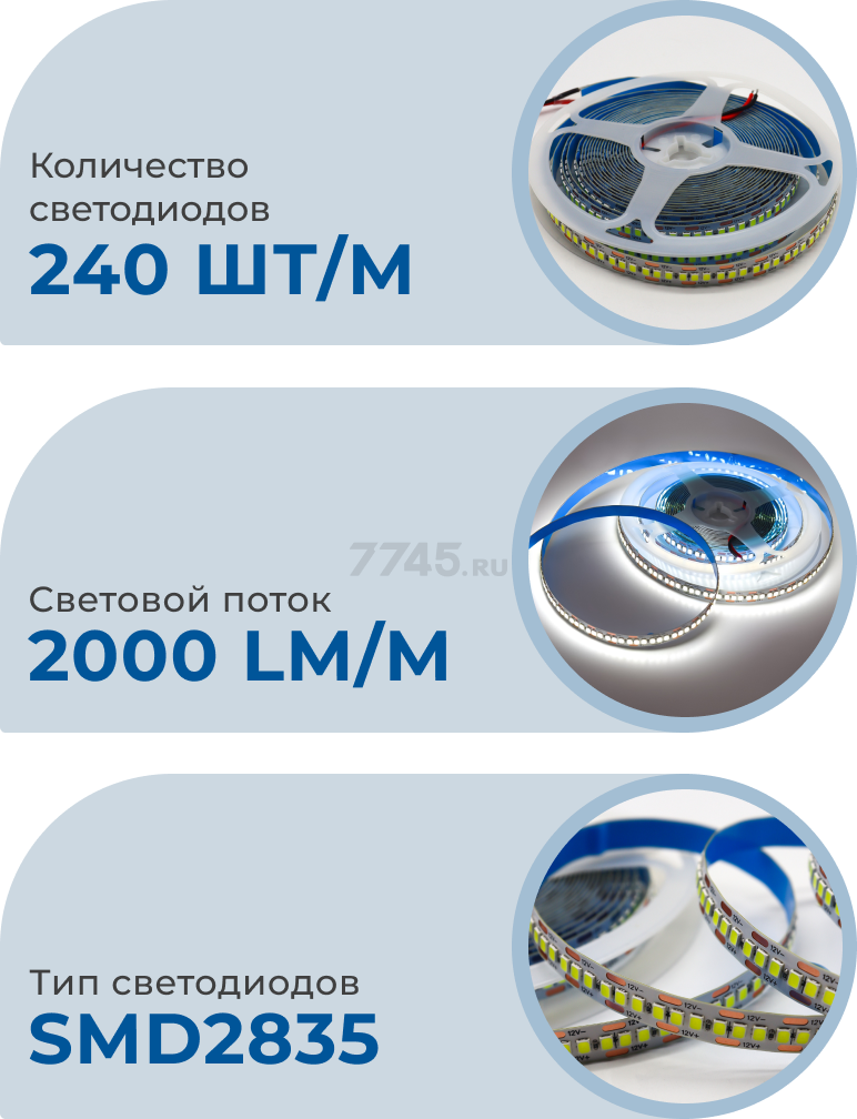 Лента светодиодная 2835 19,2 Вт/м 6000K IP20 12В 5 м TRUENERGY (16008) - Фото 2