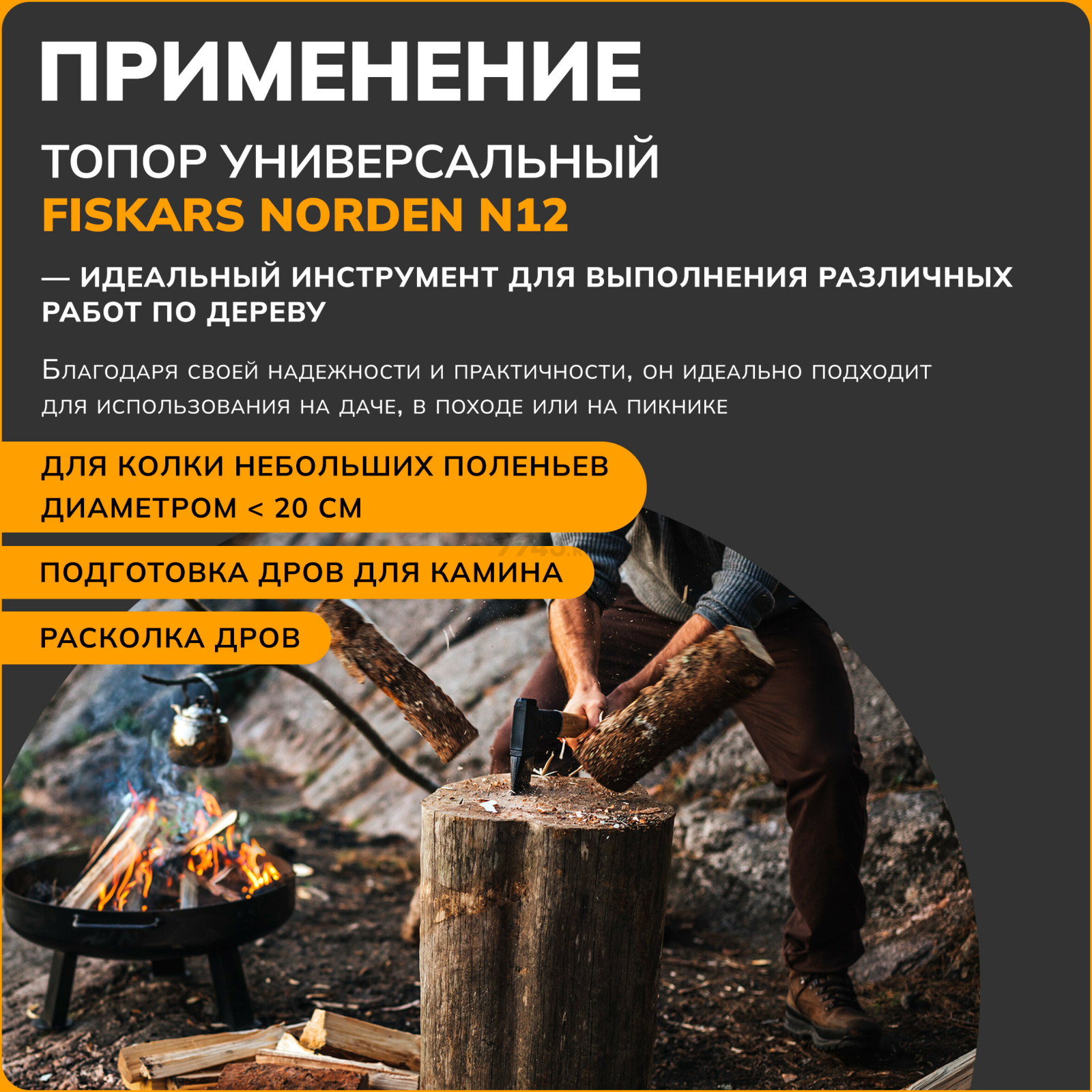 Топор универсальный 1,3 кг FISKARS Norden N12 (1051144) - Фото 7