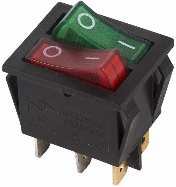 Выключатель клавишный двойной ON-OFF REXANT красный/зеленый с подсветкой (36-2450)