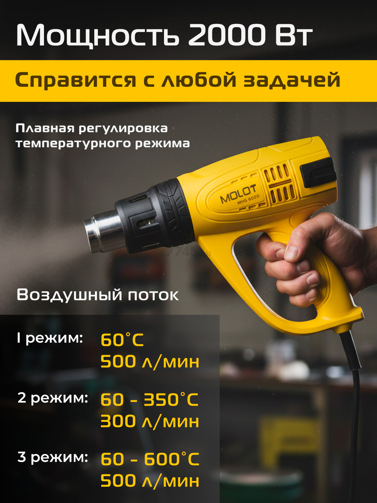 Фен строительный (термовоздуходувка) MOLOT MHG 6020 (MHG602000011) - Фото 3