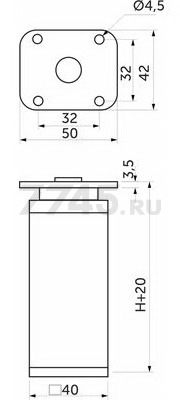Опора мебельная AKS квадратная регулируемая DAКP-27 H60 матовый хром (22666) - Фото 2