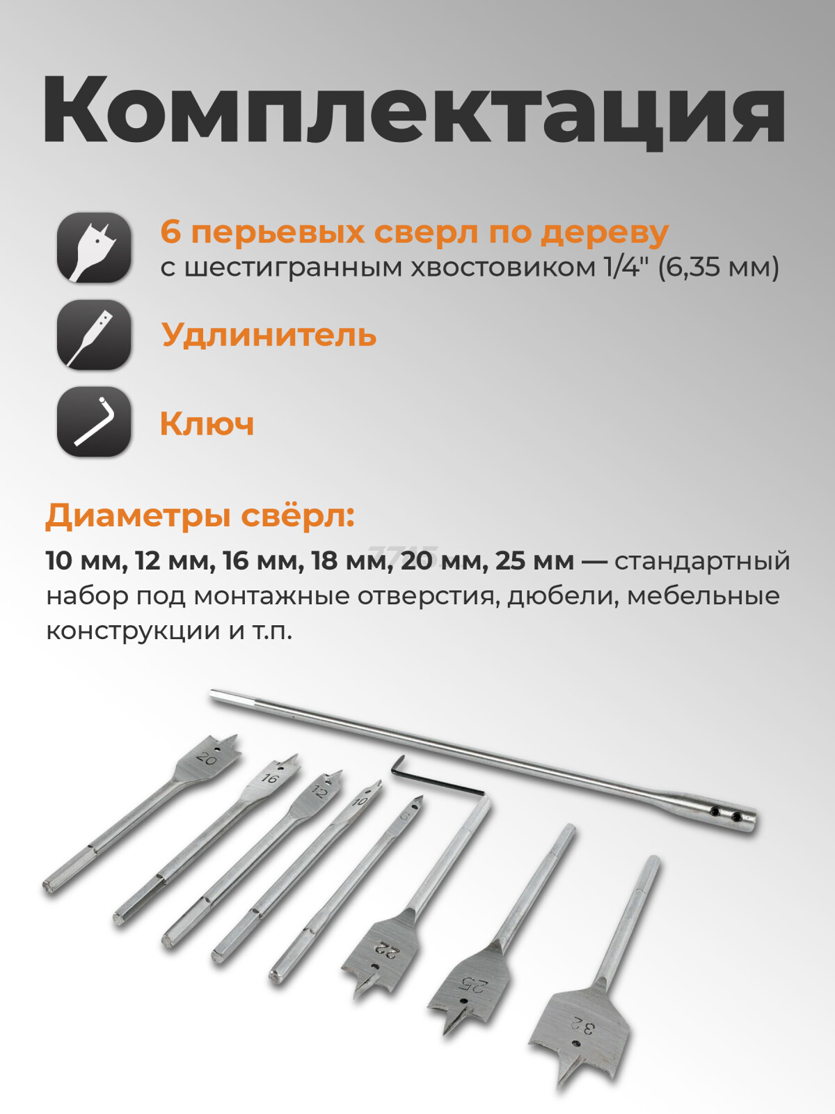 Набор сверл по дереву перьевых 8 штук GEPARD (GP0415-8) - Фото 2